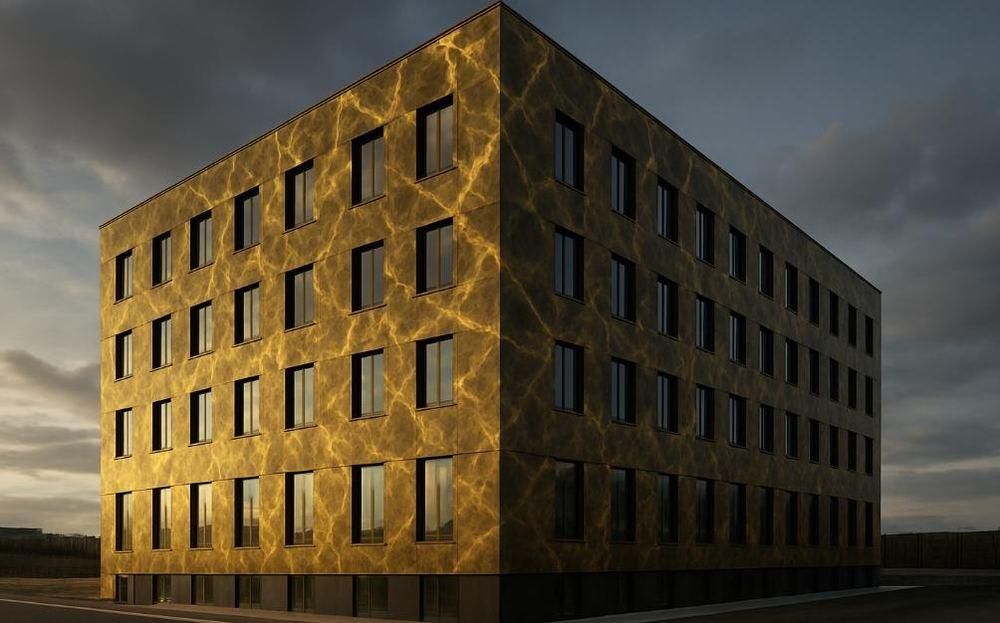 Conceptual rendering of a building facade clad in Post Rock panels